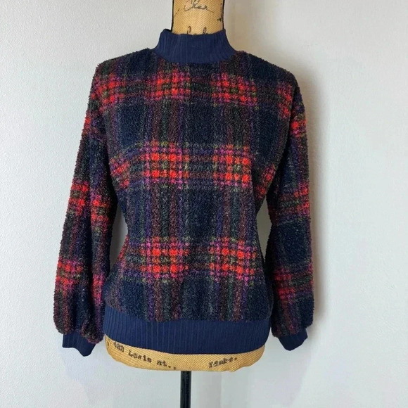 ANTHROPOLOGIE porridge mock neck pullover sweater Sherpa plaid navy red XS - Picture 2 of 3